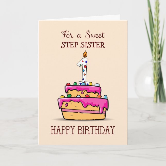 Custom Relation, 1st Birthday, 1 on Pink Cake Card (Front)