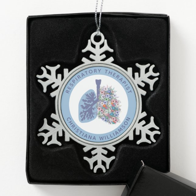 Custom Respiratory Therapist Floral Lungs Gift Snowflake Pewter Christmas Ornament (Box)