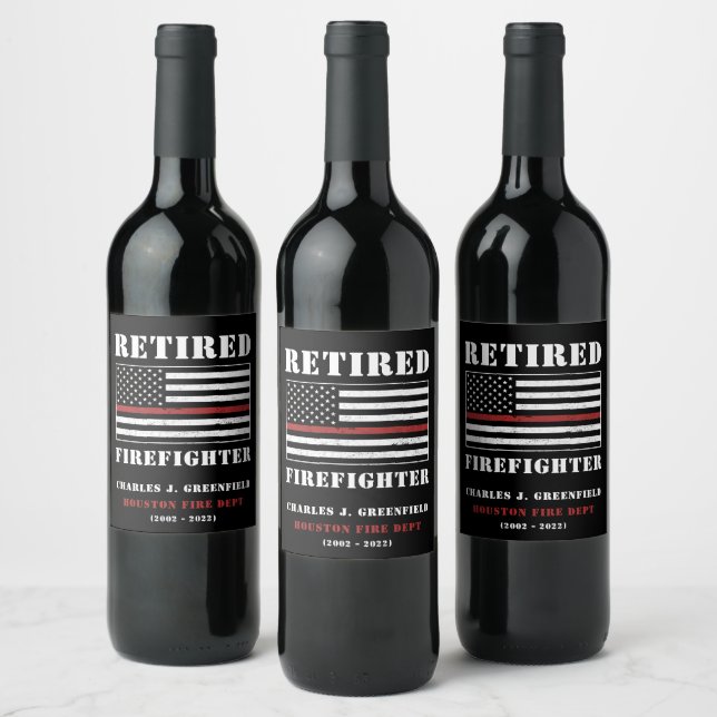 Custom Retired Firefighter Thin Red Line Gift Wine Label (Bottles)
