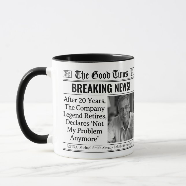 Custom Retirement Mug, Fun Gift Idea Newspaper  Mug (Left)