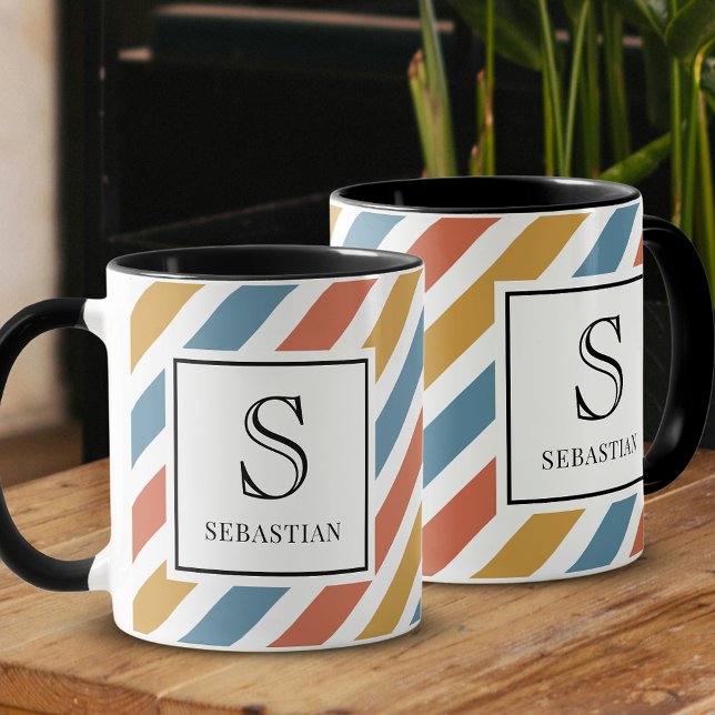 Custom Retro 70s Stripes Pattern Monogram and Name Mug (Creator Uploaded)