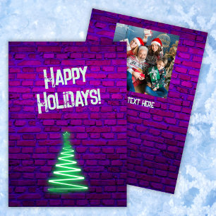Custom Retro 80s Neon Christmas Tree Photo  Holiday Card