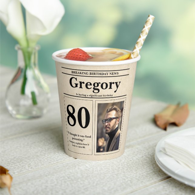 Custom Retro 80th Birthday Newspaper Style Paper Cups (Insitu)