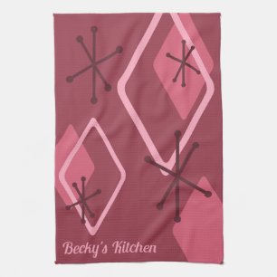 Custom Retro Atomic Diamonds Red Kitchen Towel