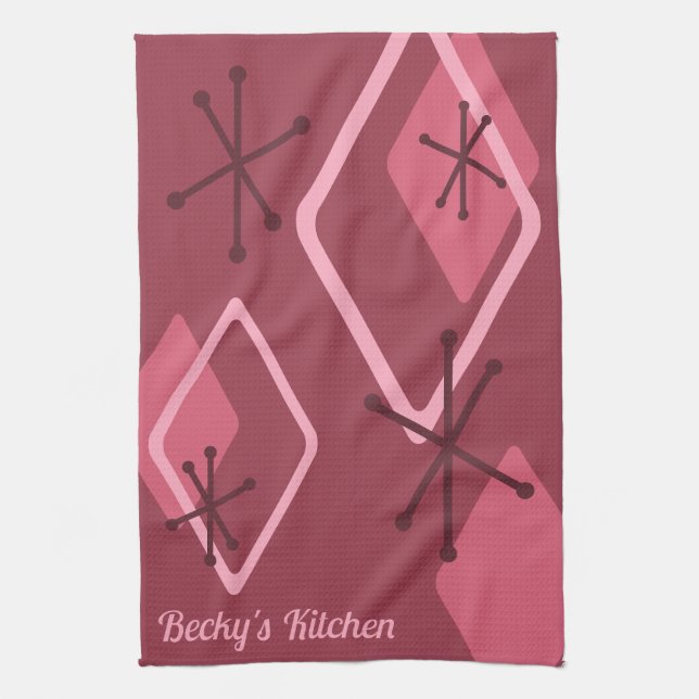 Custom Retro Atomic Diamonds Red Kitchen Towel (Vertical)