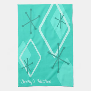Custom Retro Atomic Diamonds Turquoise Kitchen Towel