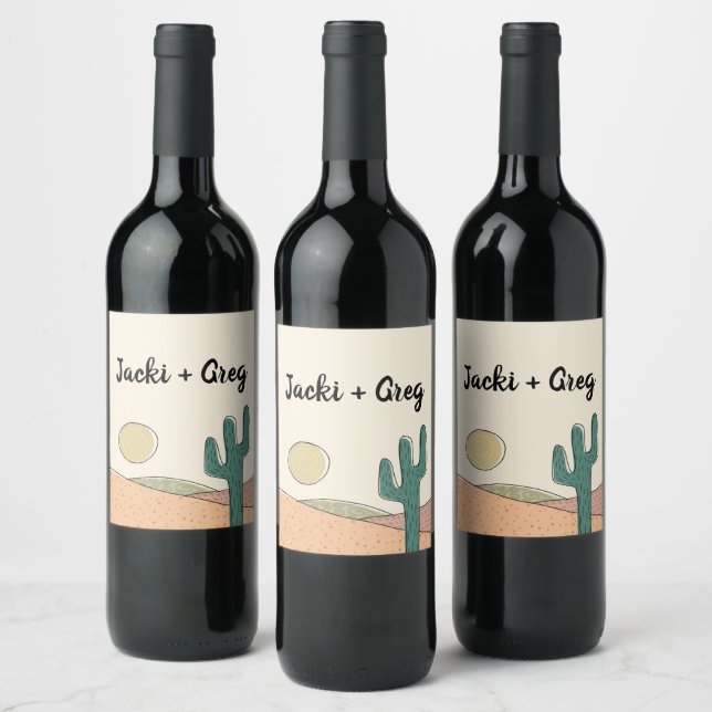 Custom Retro Boho Desert Cactus Wedding  Wine Label (Bottles)