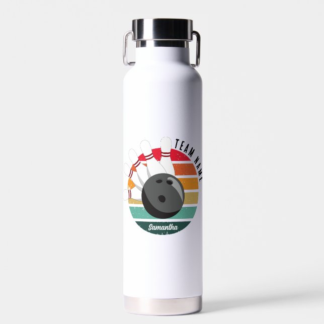 Custom Retro Bowling Pins Team & Player Name  Water Bottle (Front)