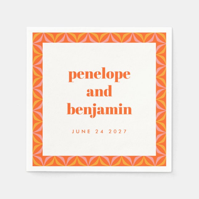 Custom Retro Bright Orange Border Wedding Names Napkin (Front)