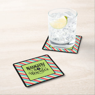 Custom Retro Christmas "Naughty is a New Nice" Square Paper Coaster