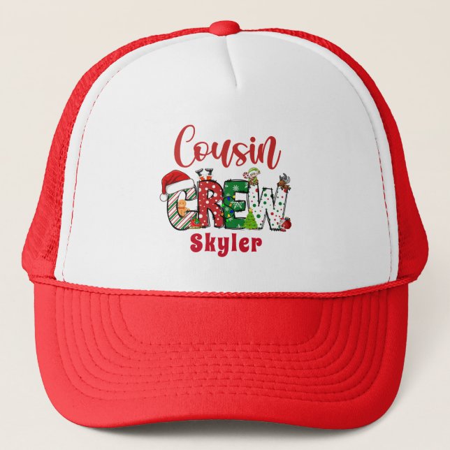 Custom Retro Cousin Crew Christmas Doodle T-Shirt Trucker Hat (Front)