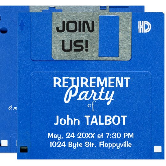 Custom Retro Floppy Disc Retirement Party invite