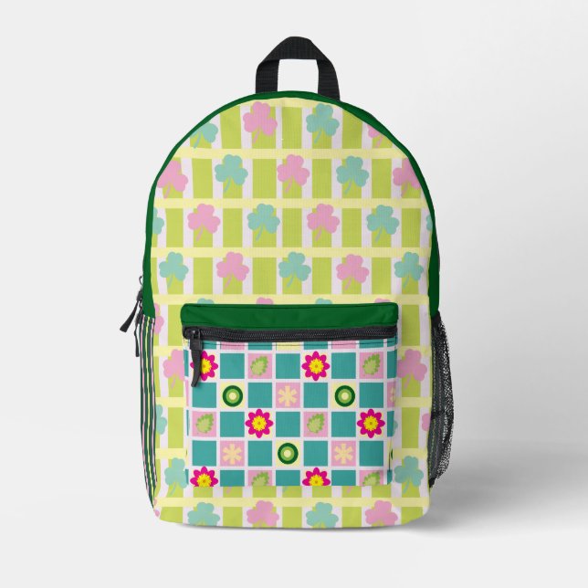 Custom Retro Floral Pattern Personalized Kids Back Printed Backpack (Front)
