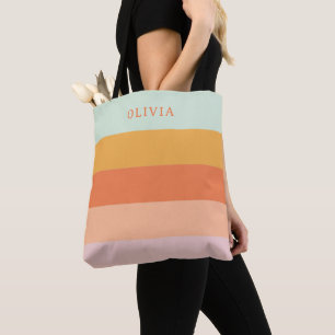 Custom Retro Geometric Stripes Mint Peach Pastel Tote Bag