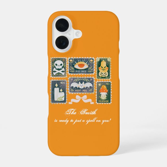 Custom Retro Halloween Spooky Season Pumpkin Stamp iPhone 16 Case (Back)