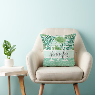 Custom Retro Hip Tropical Green Palm Leafs Pattern Throw Pillow