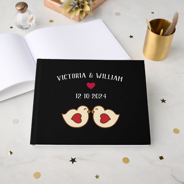 Custom Retro Love Birds Wedding Guest Book (Front Open)