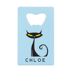 Custom Retro Mid Century Modern Atomic Black Cat Credit Card Bottle Opener
