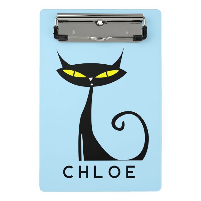 Custom Retro Mid Century Modern Atomic Black Cat Mini Clipboard (Front)