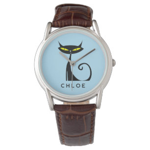 Custom Retro Mid Century Modern Atomic Black Cat Watch