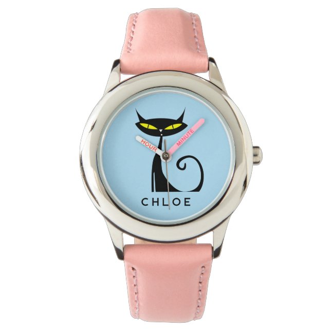Custom Retro Mid Century Modern Atomic Black Cat Watch (Front)