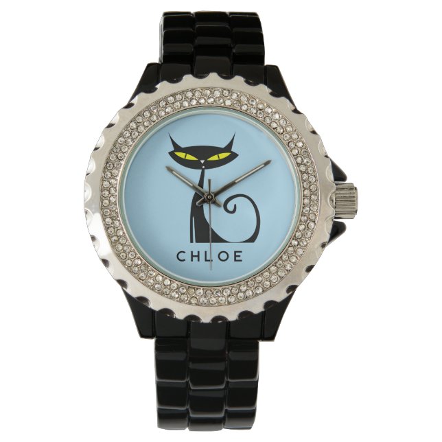 Custom Retro Mid Century Modern Atomic Black Cat Watch (Front)