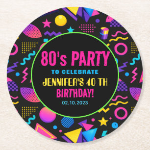 Custom Retro Neon 80’s Birthday – Fun Adult  Round Paper Coaster