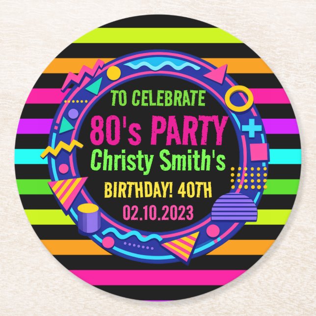 Custom Retro Neon 80’s Birthday Party Round Paper Coaster (Front)