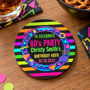 Custom Retro Neon 80’s Birthday Party Round Paper Coaster