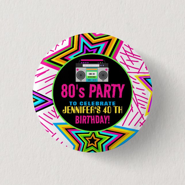 Custom Retro Neon 80's Birthday Party 1 Inch Round Button (Front)