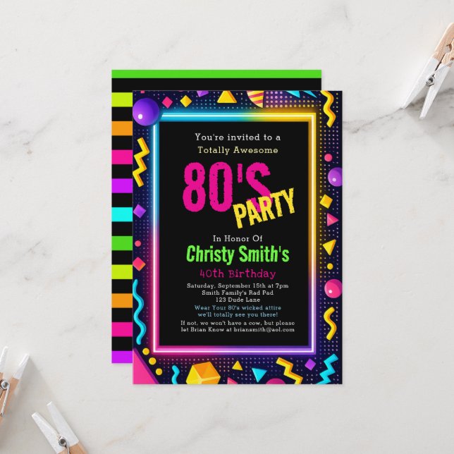Custom Retro Neon 80's Birthday Party Invitation (Front/Back In Situ)