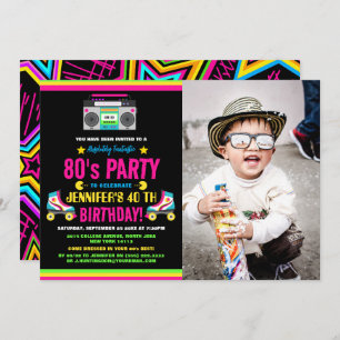 Custom Retro Neon 80's Birthday Party Invitation