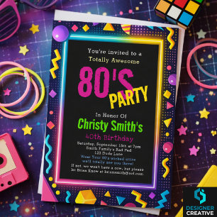 Custom Retro Neon 80's Birthday Party Invitation