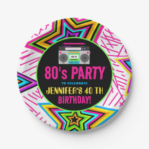 Custom Retro Neon 80's Birthday Party Paper Plate