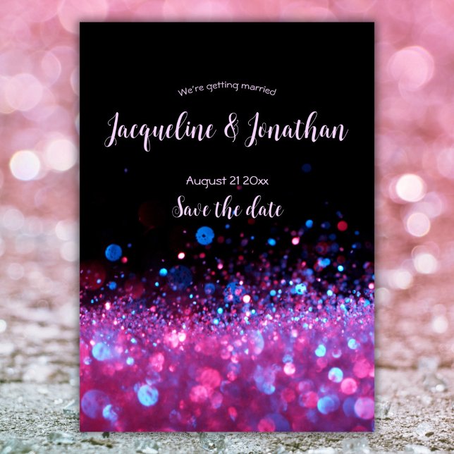 Custom Retro Neon Pink Glitter Save The Date Invitation (Creator Uploaded)