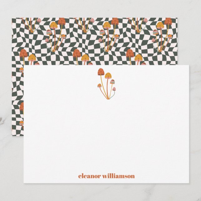 Custom Retro Orange Mushroom Chequerboard Shower Thank You Card (Front/Back)