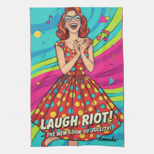 Custom retro painting laughing lady Jolly Red Kitchen Towel