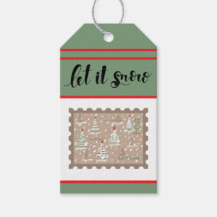 Custom Retro Paper Stamp with Snowy Christmas Tree Gift Tags