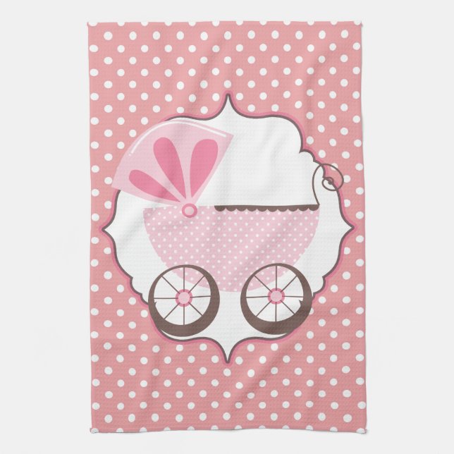 Custom Retro Pink Carriage Baby Shower Kitchen Towel (Vertical)