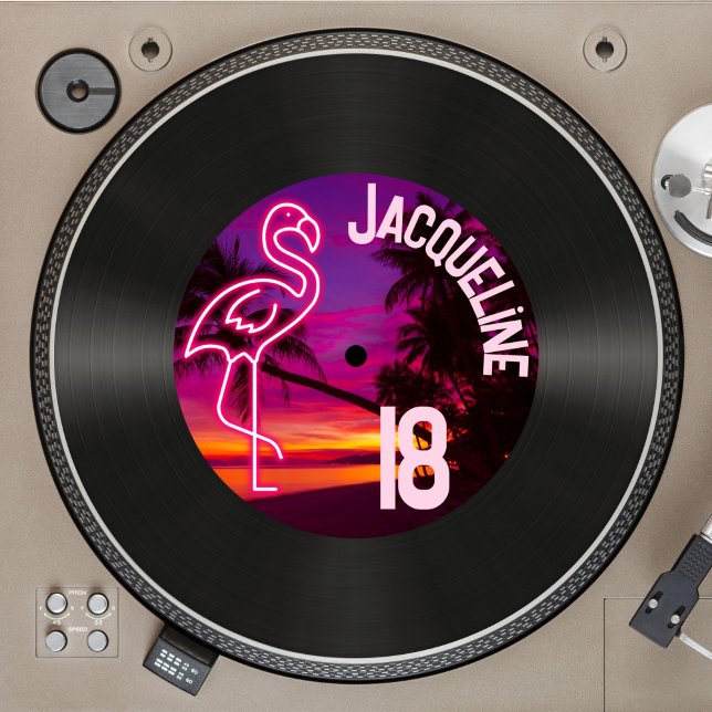Custom Retro Record Neon Flamingo 18th Birthday Invitation (Creator Uploaded)