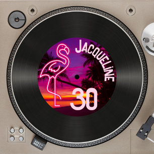 Custom Retro Record Neon Flamingo 30th Birthday Invitation