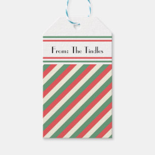 Custom Retro Red Green Vertical Striped Christmas Gift Tags