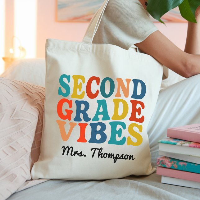 Custom Retro Teacher Tote, Second Grade Vibes Bag (teacher tote bag, second grade teacher gift, retro teacher bag, teacher appreciation gift for women)