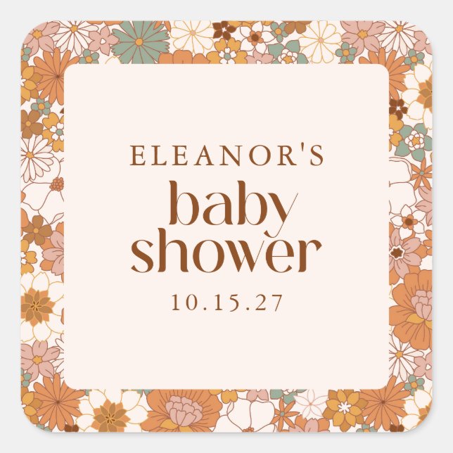 Custom Retro Terracotta Boho Floral Baby Shower Square Sticker (Front)