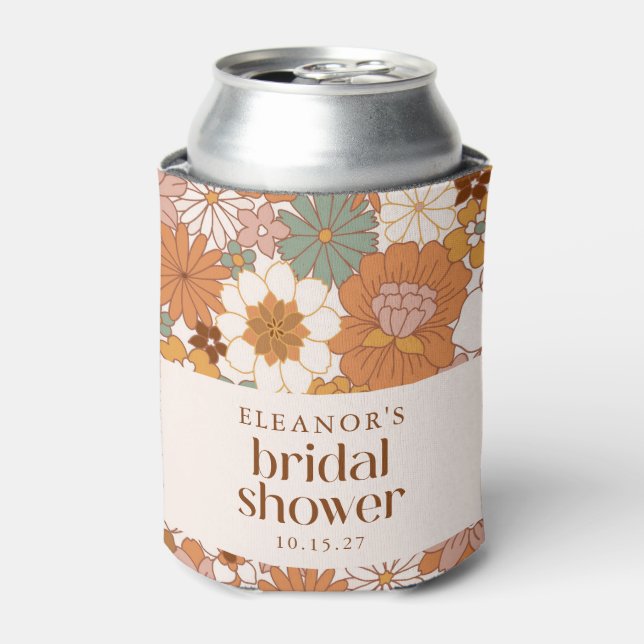 Custom Retro Terracotta Boho Floral Bridal Shower Can Cooler (Can Front)