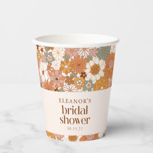 Custom Retro Terracotta Boho Floral Bridal Shower Paper Cups