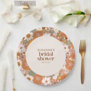 Custom Retro Terracotta Boho Floral Bridal Shower Paper Plate