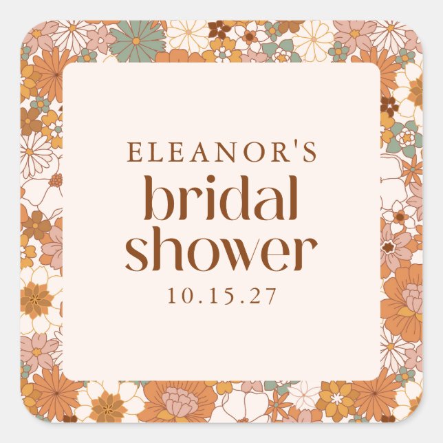 Custom Retro Terracotta Boho Floral Bridal Shower Square Sticker (Front)