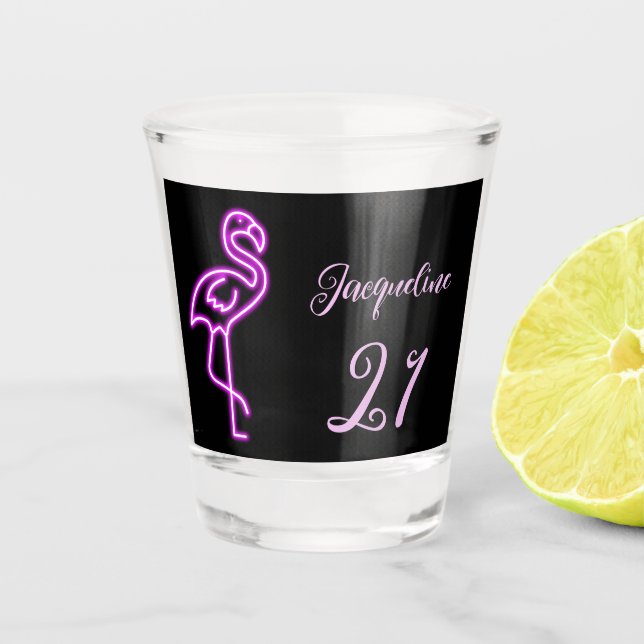 Custom Retro Tropical Neon Flamingo 21st Birthday Shot Glass (Front)