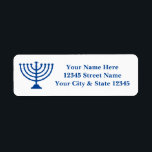 Custom return address labels with Jewish menorah<br><div class="desc">Custom return address labels with Jewish menorah logo.  Custom labels for mailing cards for home or business. Personalized text and blue colour.  Create your own in bulk. Leave blank to print at home with your own printer. Useful for Hanukkah Holidays,  Christmas,  new home,  moving,  relocation etc.</div>